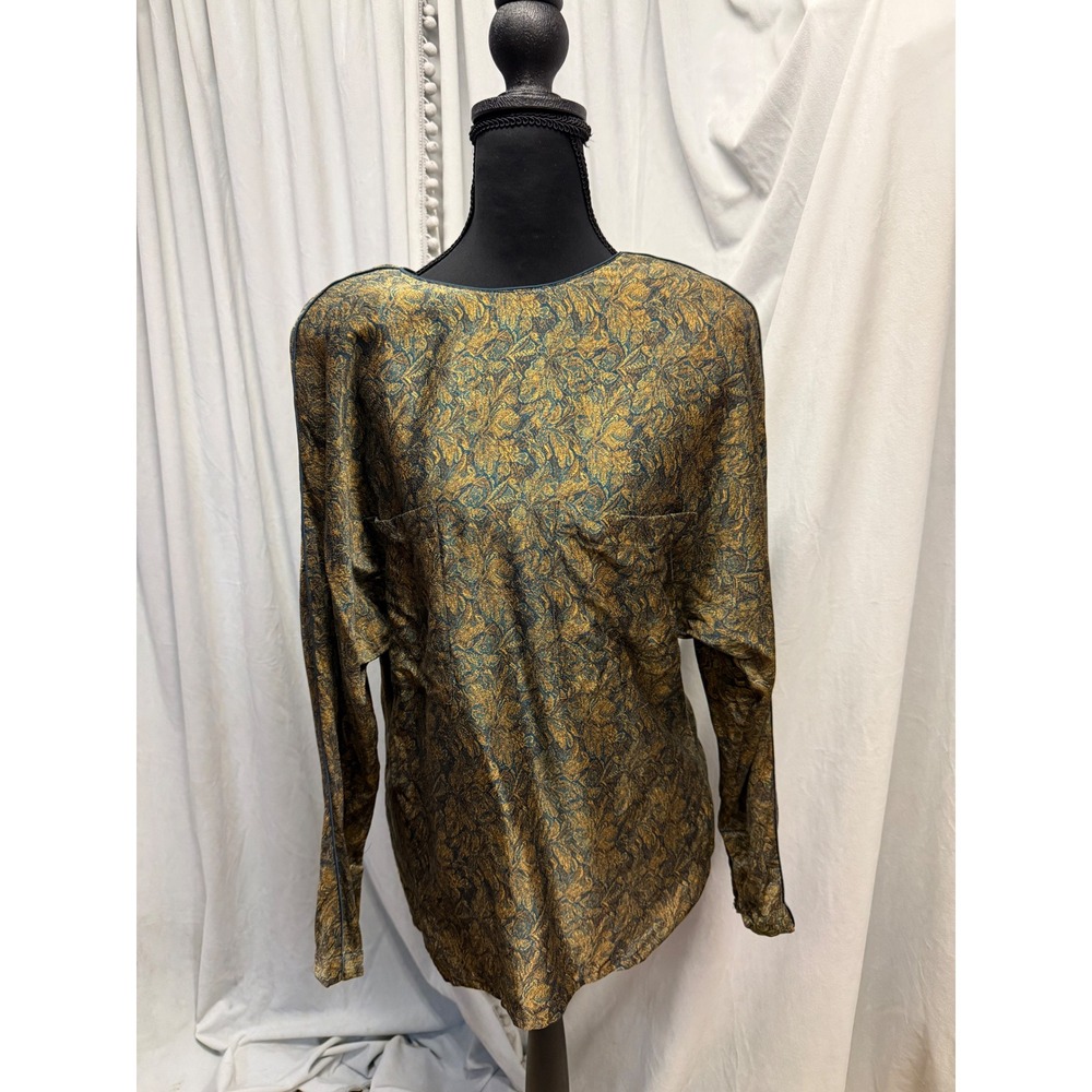 80s Ellen Tracy 100% Silk Blouse Gold Teal Paisley Brocade Button Back Top 6